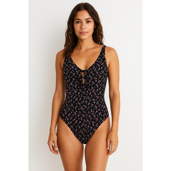 Andie Other - NWT ANDIE The Mana One-Piece Swimsuit Size Small Floral Lace-Up Front Black Pink